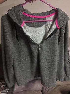 Calvin Klein Cozy Gray Half-Zip Hooded Pullover with Pink Trim